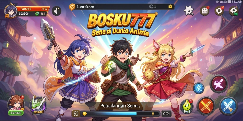Tangkapan layar dari gameplay BOSKU777 yang menunjukkan aksi karakter anime.
