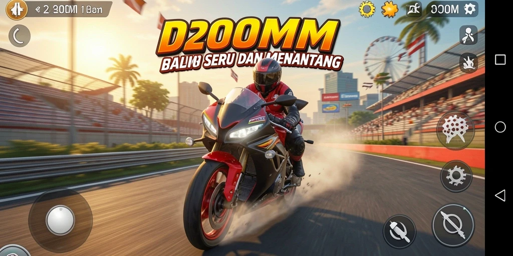 Gameplay D200M dengan balapan motor seru di trek menantang.