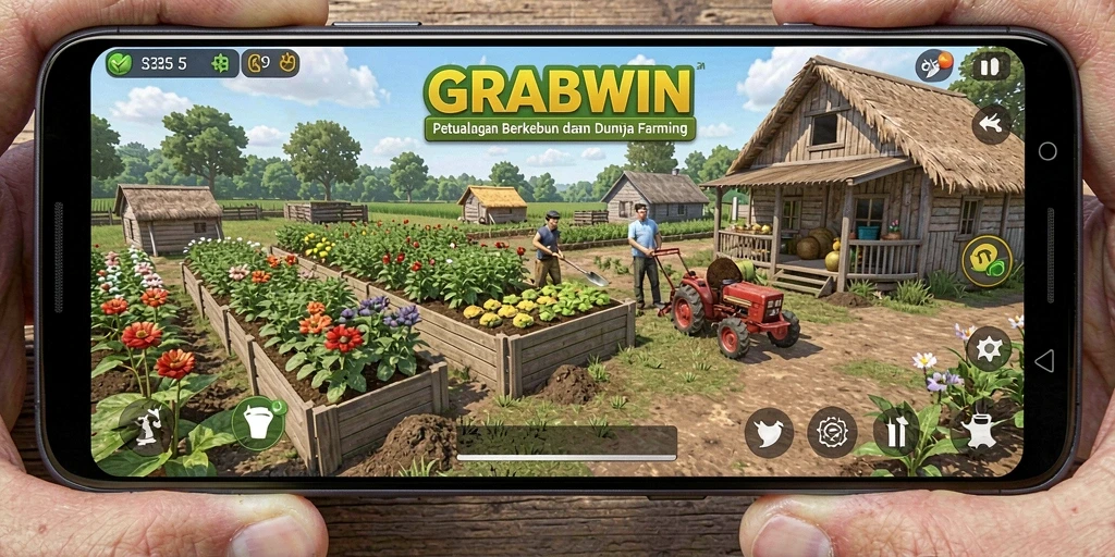 Screenshot gameplay GRABWIN menampilkan aktivitas berkebun yang seru.