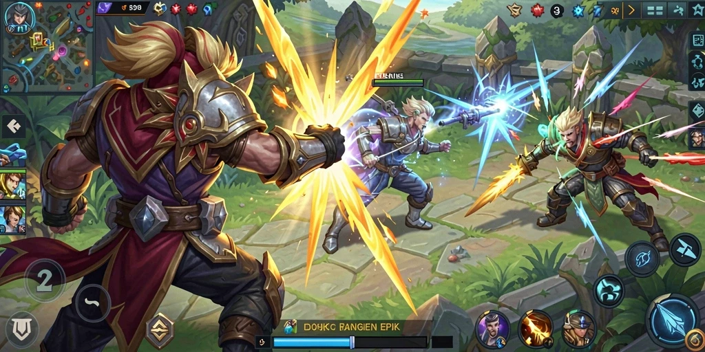 Tangkapan layar gameplay menampilkan pertempuran seru di arena MOBA.