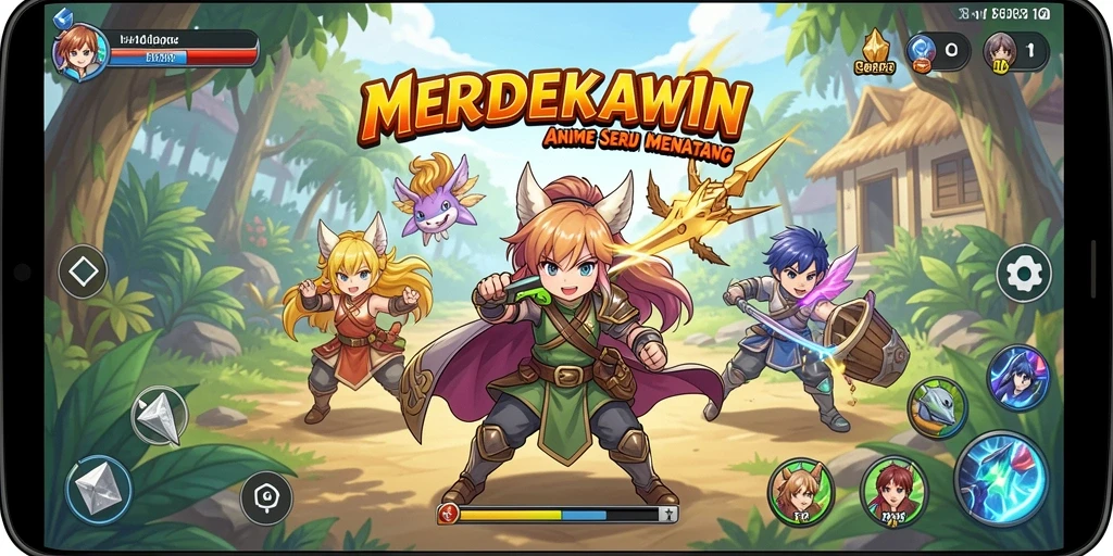 Tampilan gameplay <strong>MERDEKAWIN</strong> dengan karakter anime yang dinamis.