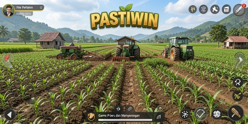 Screenshot gameplay PASTIWIN menunjukkan aktivitas bertani yang seru.